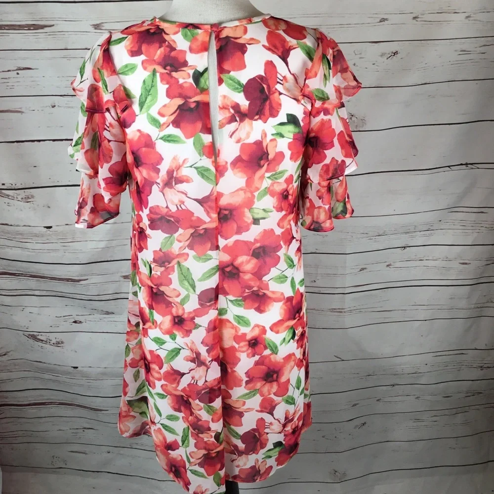 Calvin Klein Floral Shift Dress W/Ruffle Sleeves‎